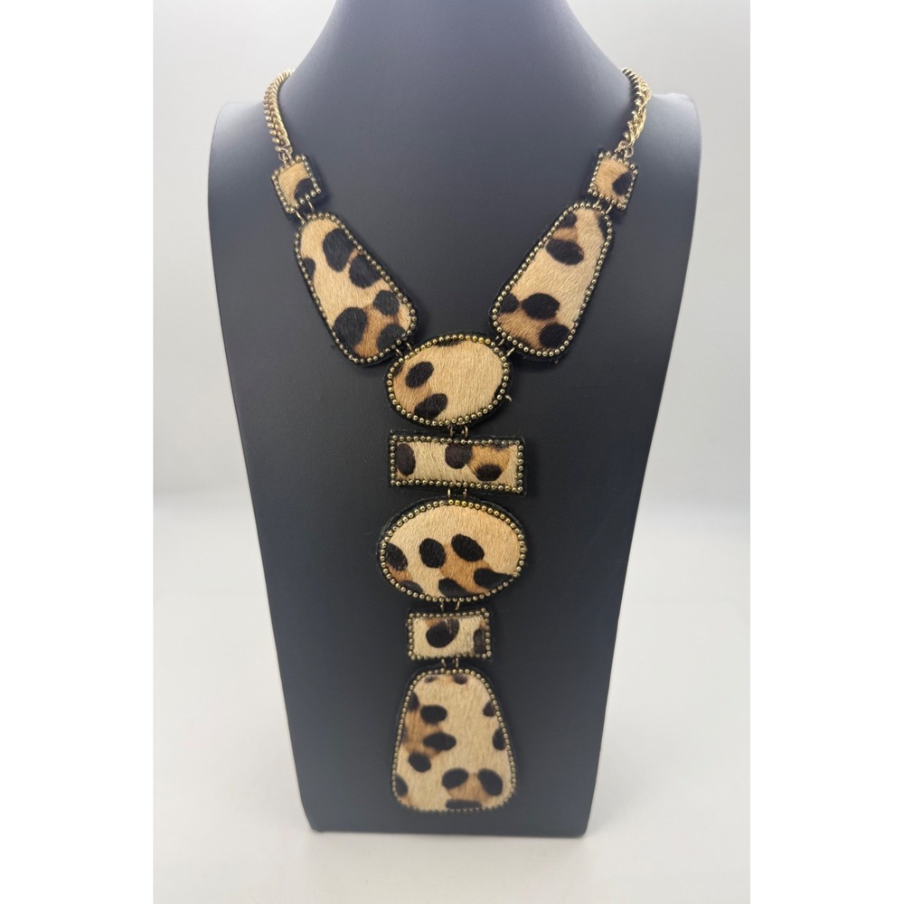 Chicos Leopard Print Faux Calf Hair Statement Necklace Gold Tone Beaded Drop Y2K